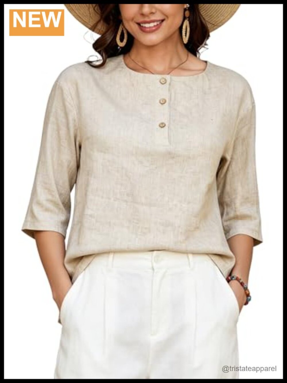 Women's 100% Linen Henley Elbow Sleeve Blouse Tunic